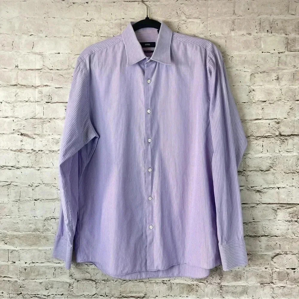 HUGO BOSS Men's Regular Fit Long Sleeve Button Down Shirt 16 34/35 Purple Stripe